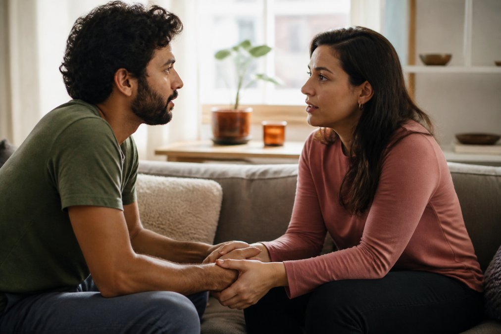A couple sitting on a couch facing each other, holding hands, with soft natural light coming through a window. They appear to be in a calm, honest conversation.