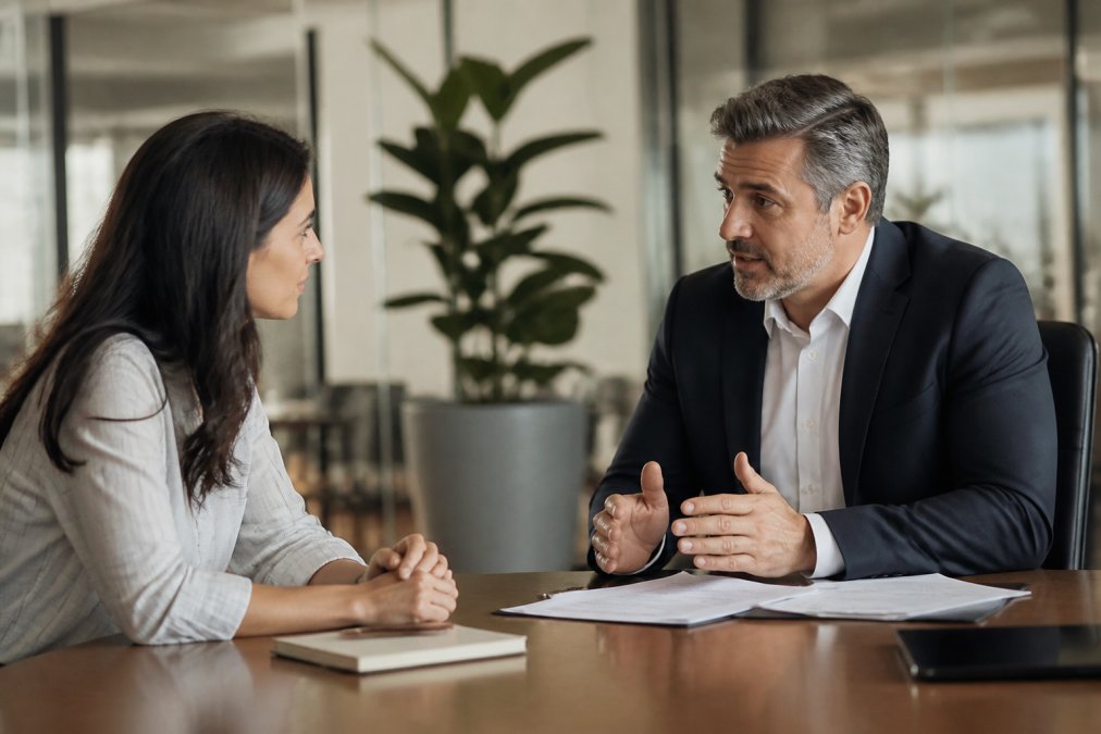 Professional employee having a direct, focused conversation with manager across desk in modern office, both leaning forward with attentive body language and calm expressions
