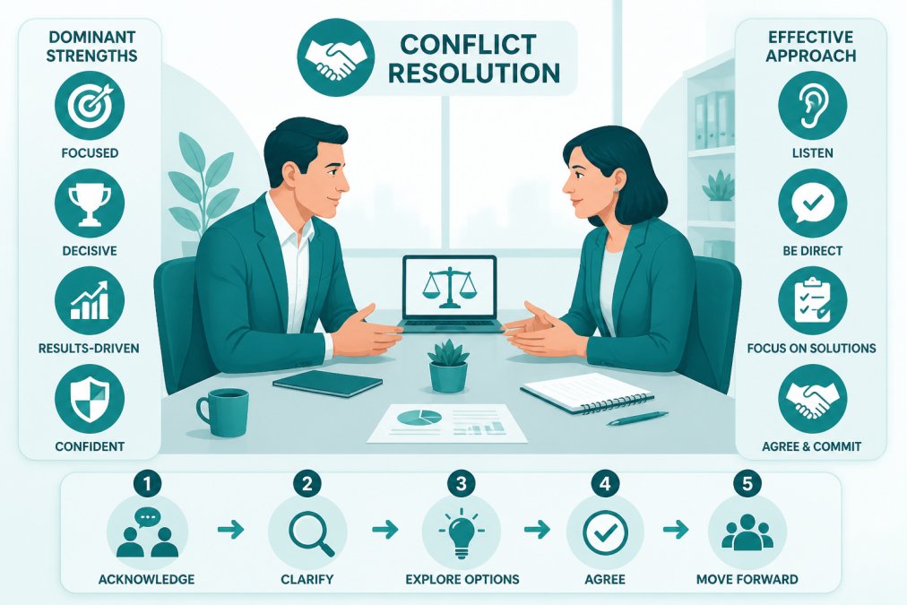 Two colleagues resolving disagreement respectfully across table, both leaning forward with open body language, calm facial expressions, natural office lighting