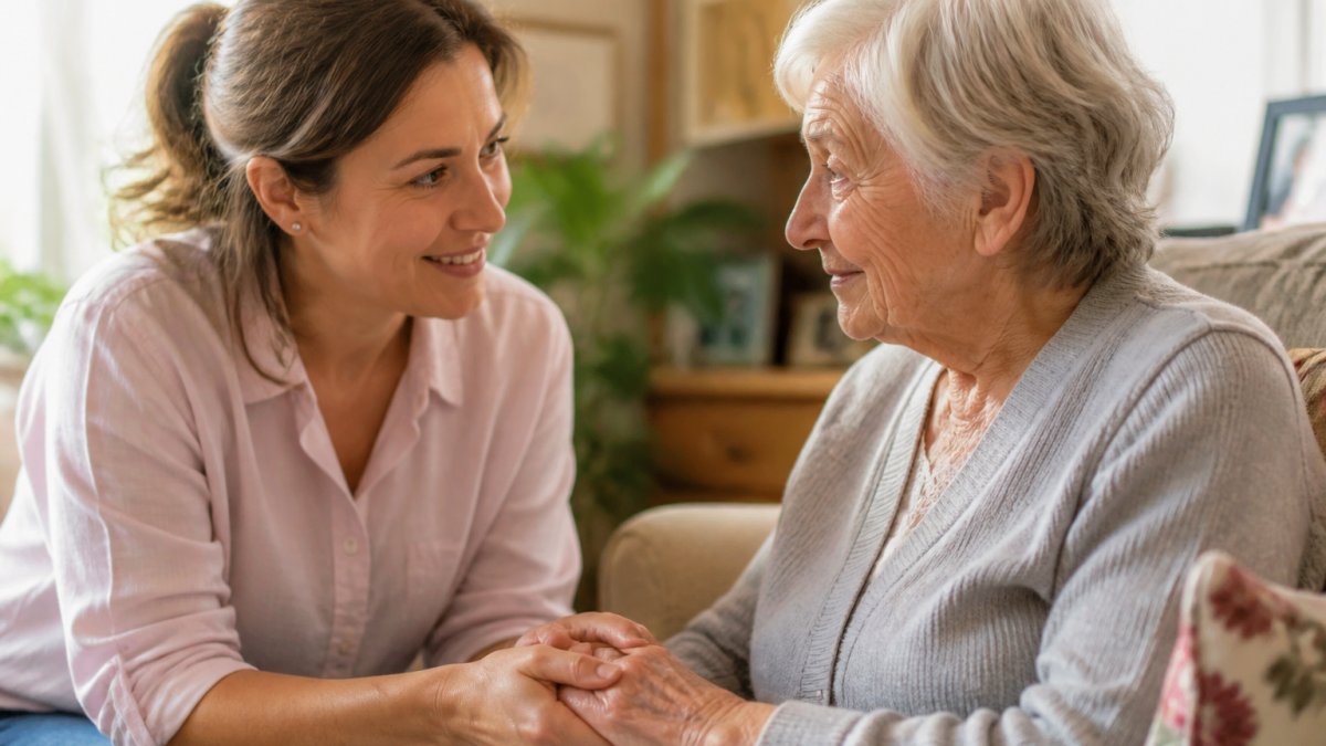 Carer gently holding the hand of an older person, making calm eye contact and smiling warmly, in a comfortable home setting with soft natural lighting