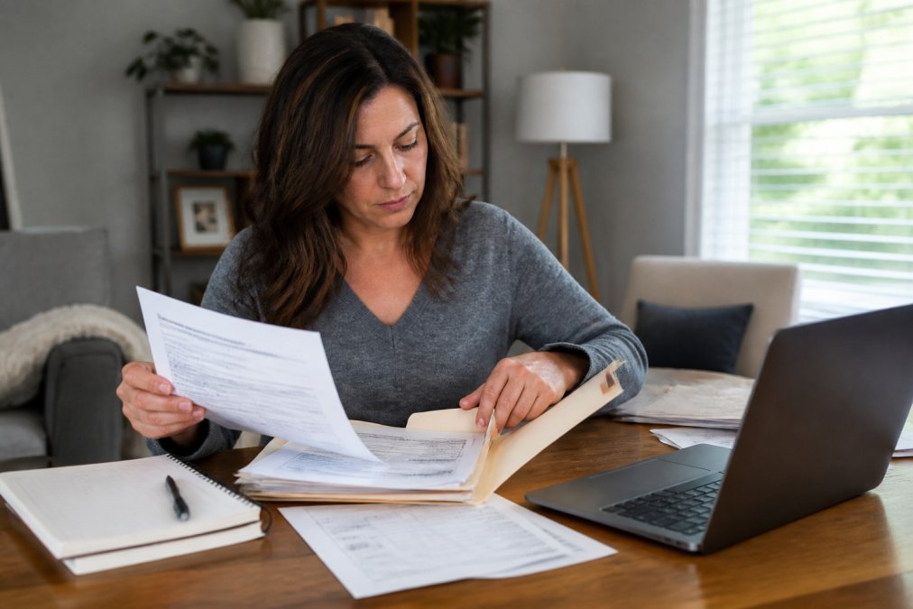 Person sitting at a desk organizing medical documents and notes in folders, with a laptop and notepad visible, preparing for an attorney meeting