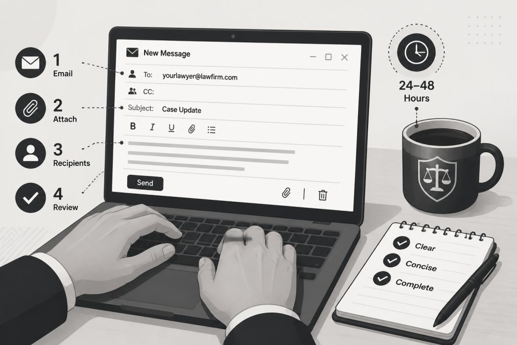 Close-up of hands typing an email on a laptop, with a coffee cup and notepad nearby, showing professional written communication