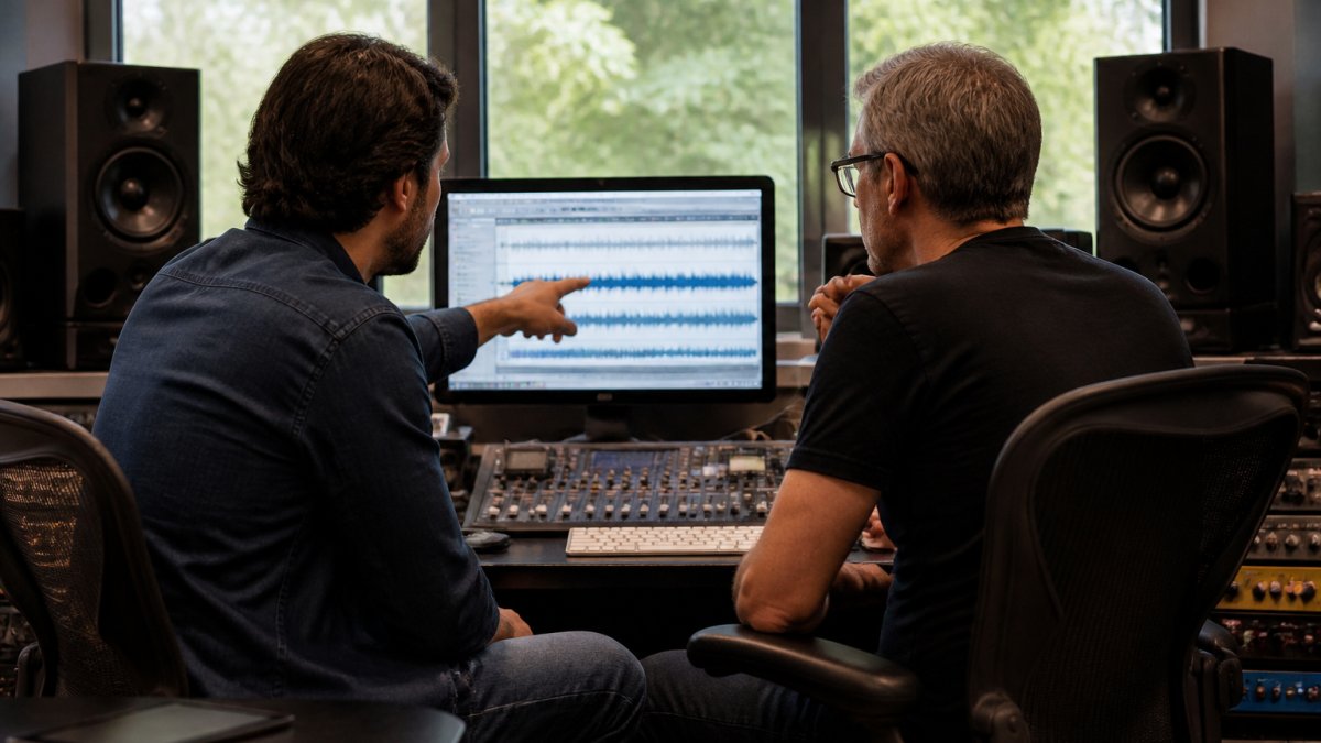 A music producer and mastering engineer reviewing a track together on studio monitors in a professional control room, pointing at a screen showing waveforms