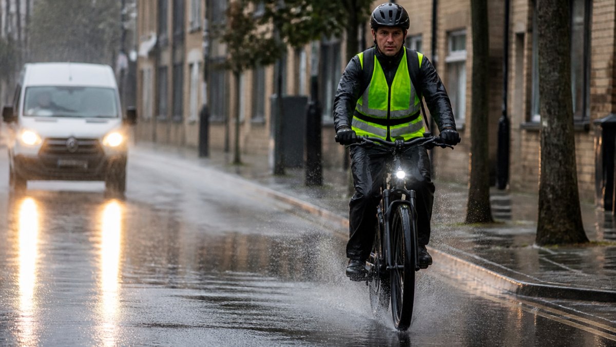 Cyclist riding an e-bike on a wet urban street in rain, wearing a reflective yellow vest and lights, demonstrating careful balanced posture and smooth steering on damp pavement with visible water spray