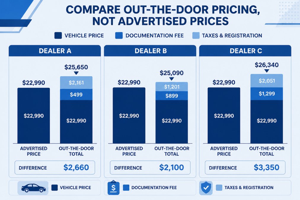 Bar chart to compare car dealerships by breaking down advertised prices versus total out-the-door costs.