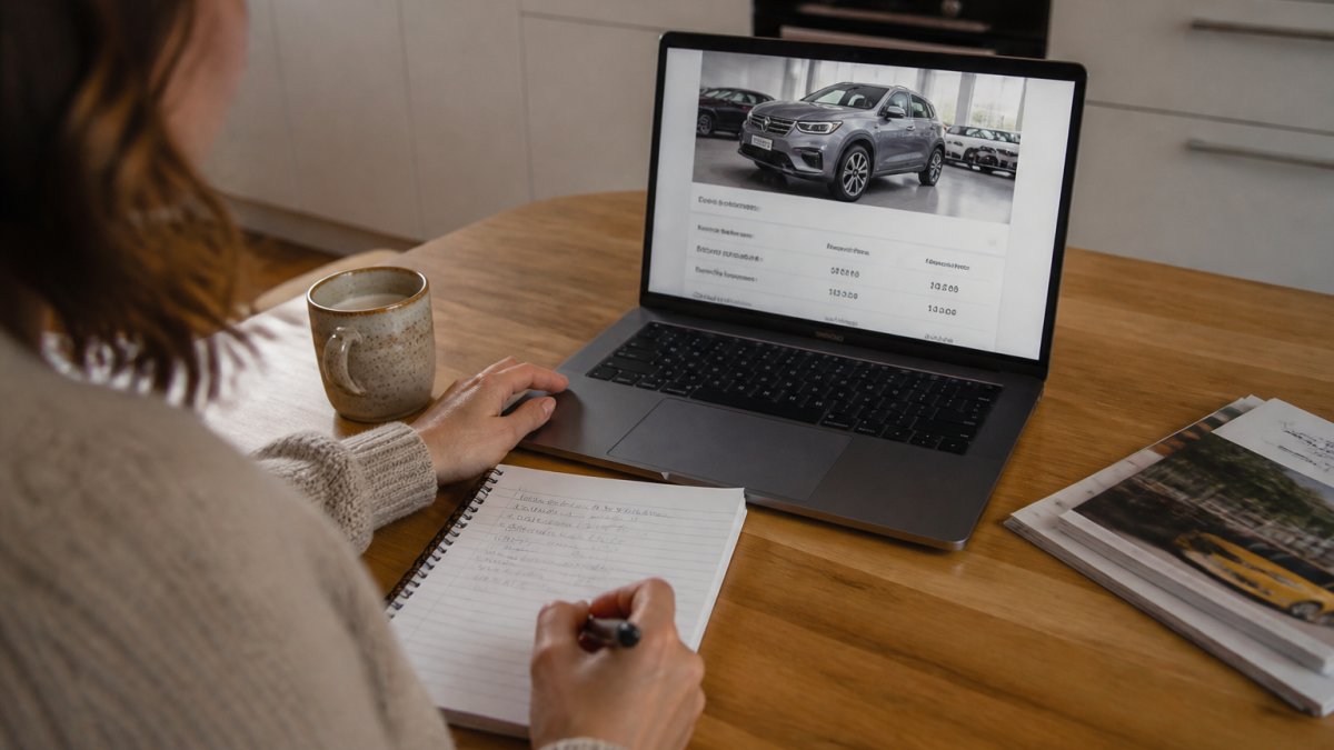 A person reviewing car finance in Australia data on a laptop with handwritten calculations and a coffee cup.