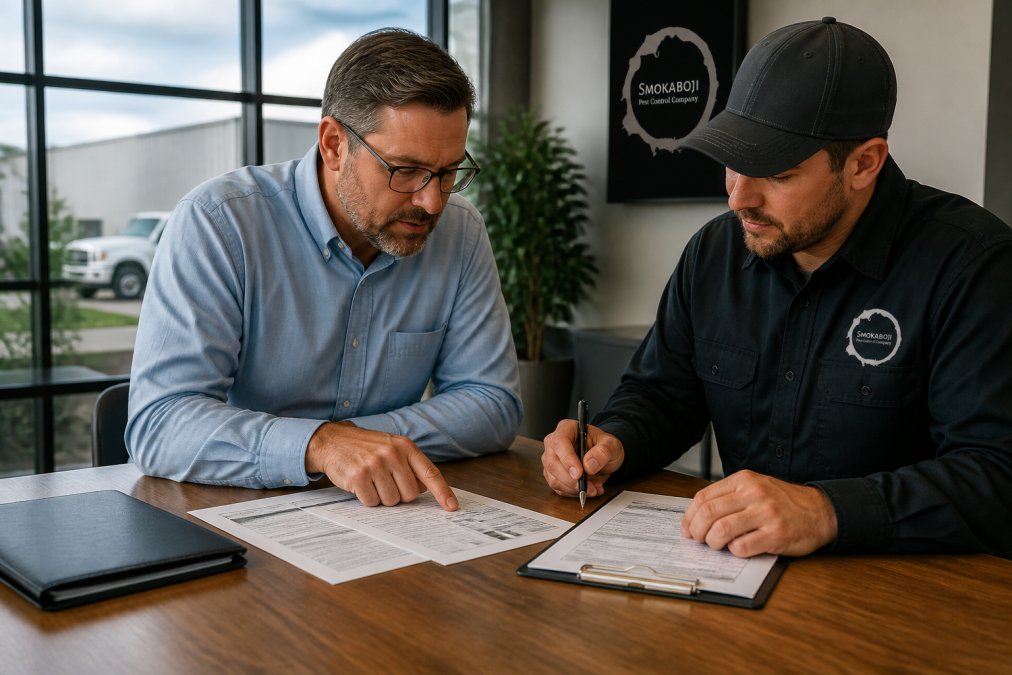 A facility manager and a pest control technician reviewing a printed service contract and quote documents together at a table inside a commercial building, clipboard and pen in hand, natural daylight from nearby windows