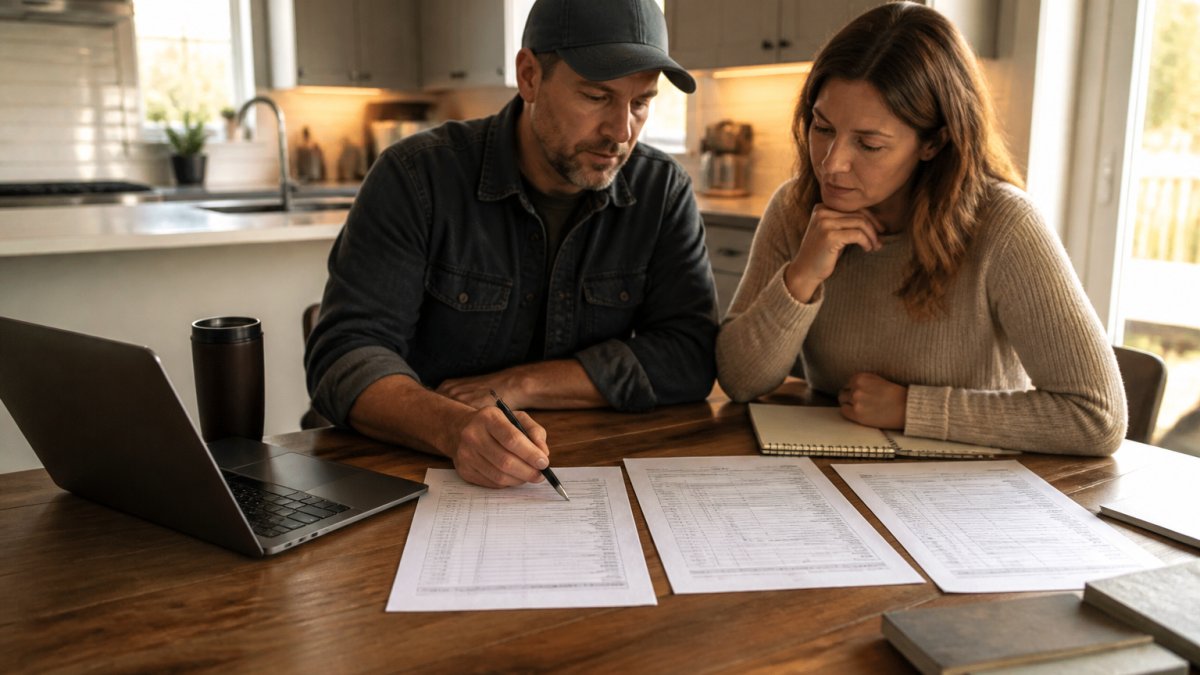 A homeowner and a contractor sitting at a kitchen table with three printed bids spread out, a laptop open to a spreadsheet, and a pen marking line items on one quote
