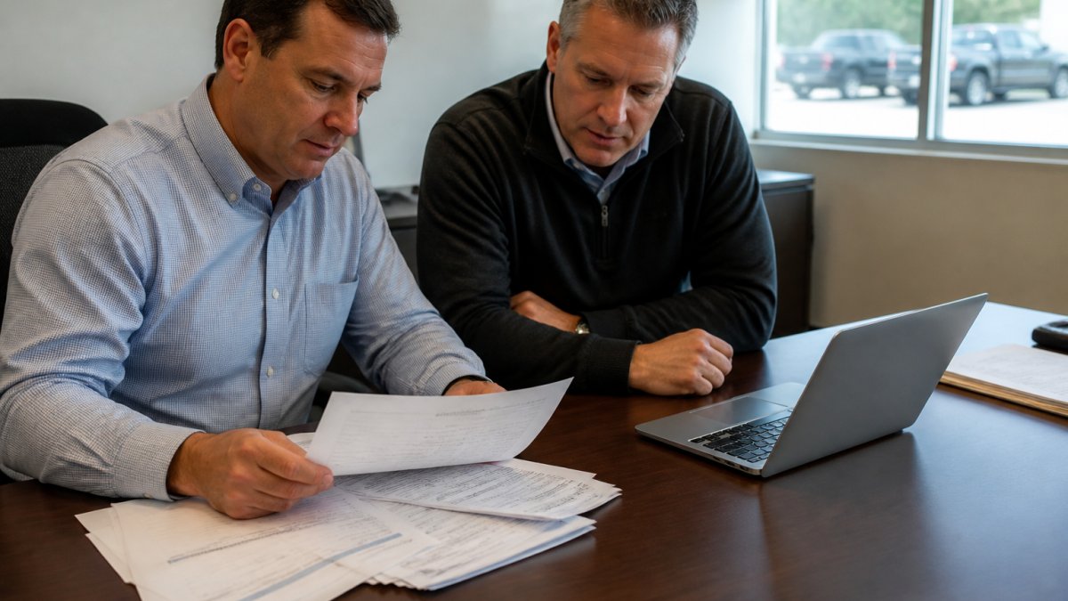 A dealership controller and general manager reviewing printed vendor invoices and a laptop spreadsheet across a desk in a dealership office, natural window light