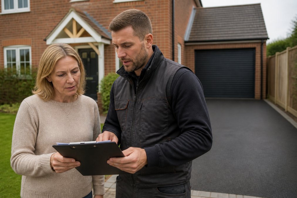 A homeowner and a paving contractor reviewing a written quote together on a clipboard at the front of a house, with a driveway visible in the background