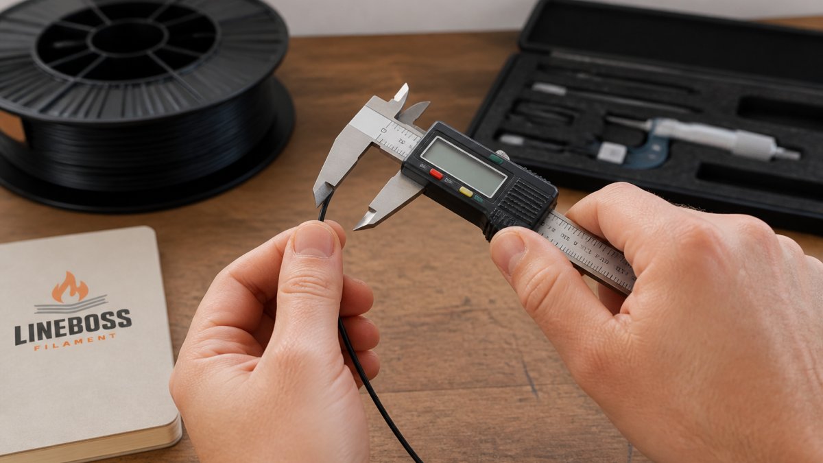 Hands using digital calipers to measure the diameter of a 3D printer filament strand on a workbench