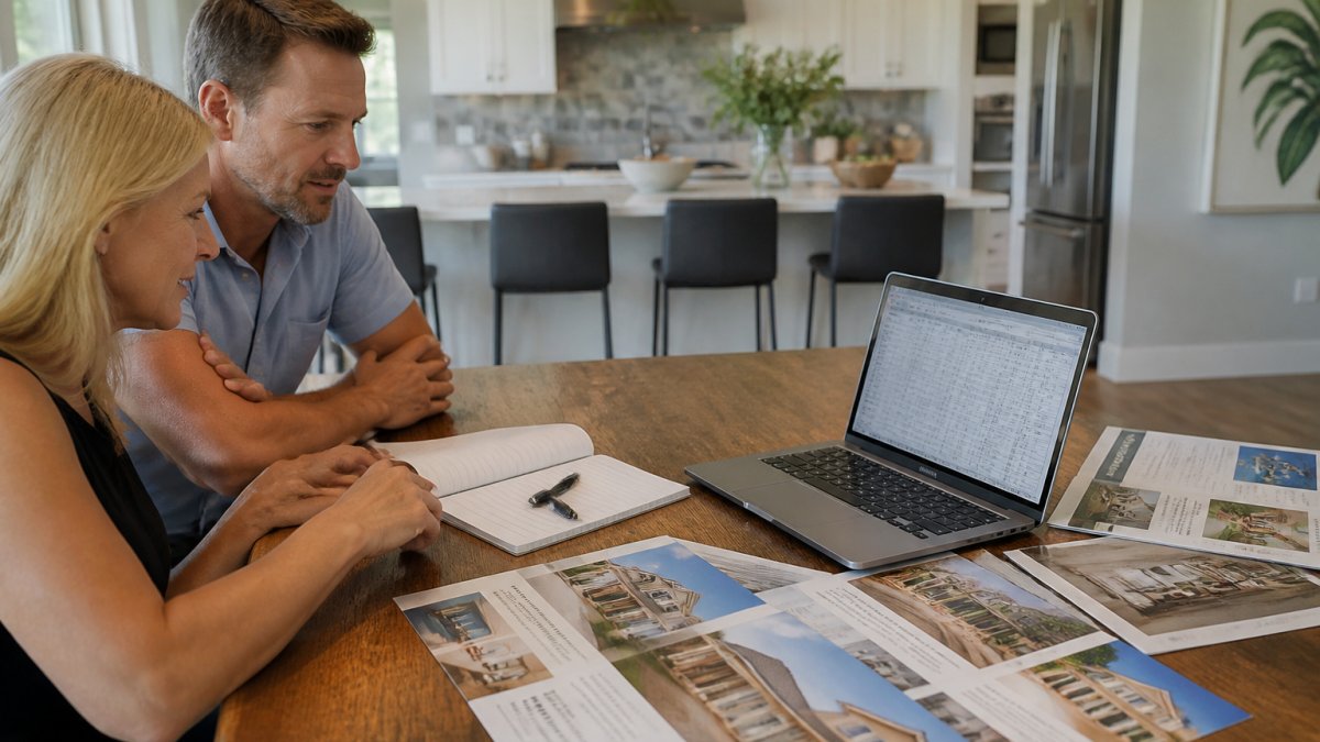 A couple sitting at a kitchen table with printed builder brochures, a laptop showing a comparison spreadsheet, and a notepad with questions, in a bright Florida home
