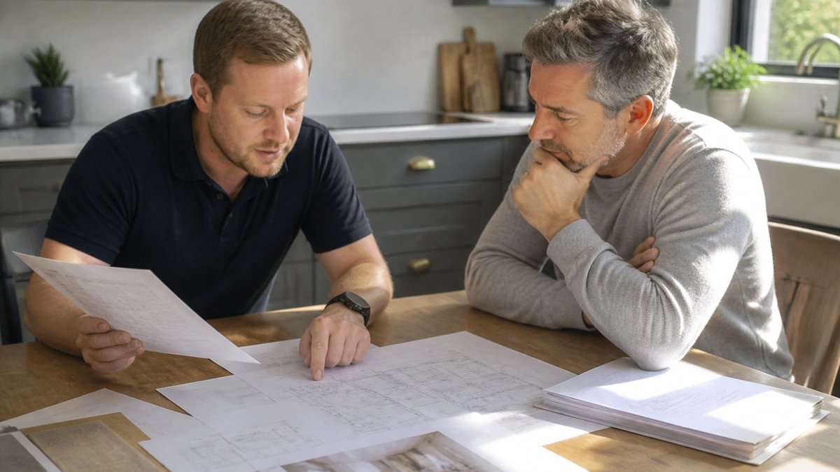 Homeowner and builder sitting at kitchen table reviewing renovation quote documents and blueprints, natural light from window, papers and specifications spread between them
