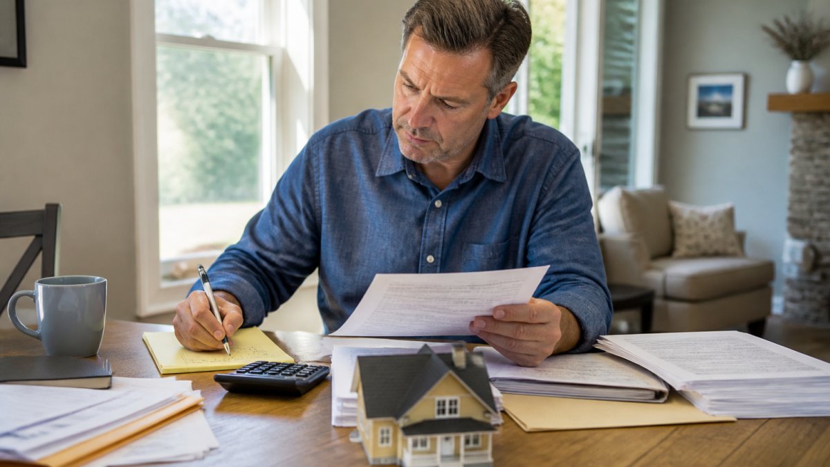Homeowner sitting at desk with home documents, calculator, and laptop, gathering property details and insurance information in bright home office