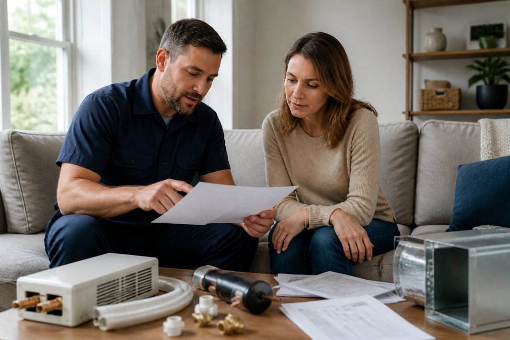 Professional HVAC installer reviewing installation specifications and documentation with homeowner in residential living room, both examining system components and paperwork together