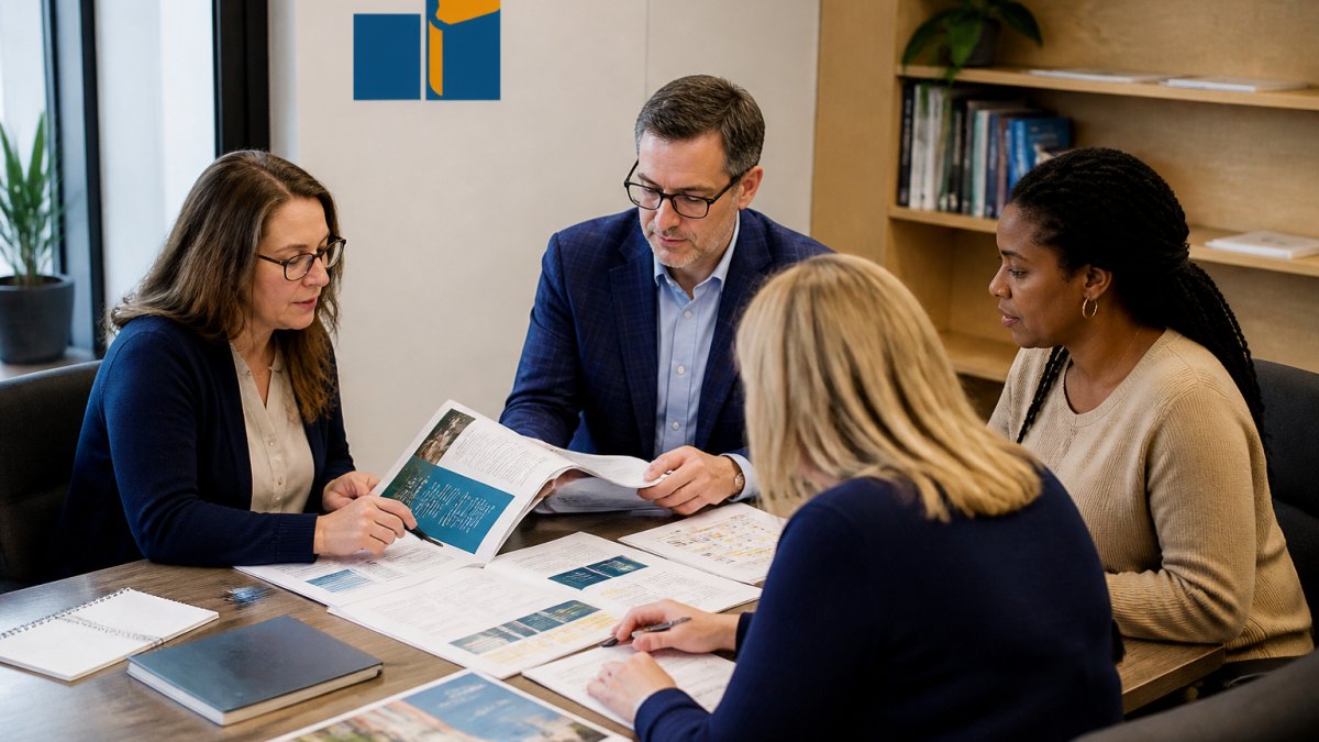 A small group of university administrators and instructional designers reviewing course materials and a vendor scorecard around a conference table in a bright campus office