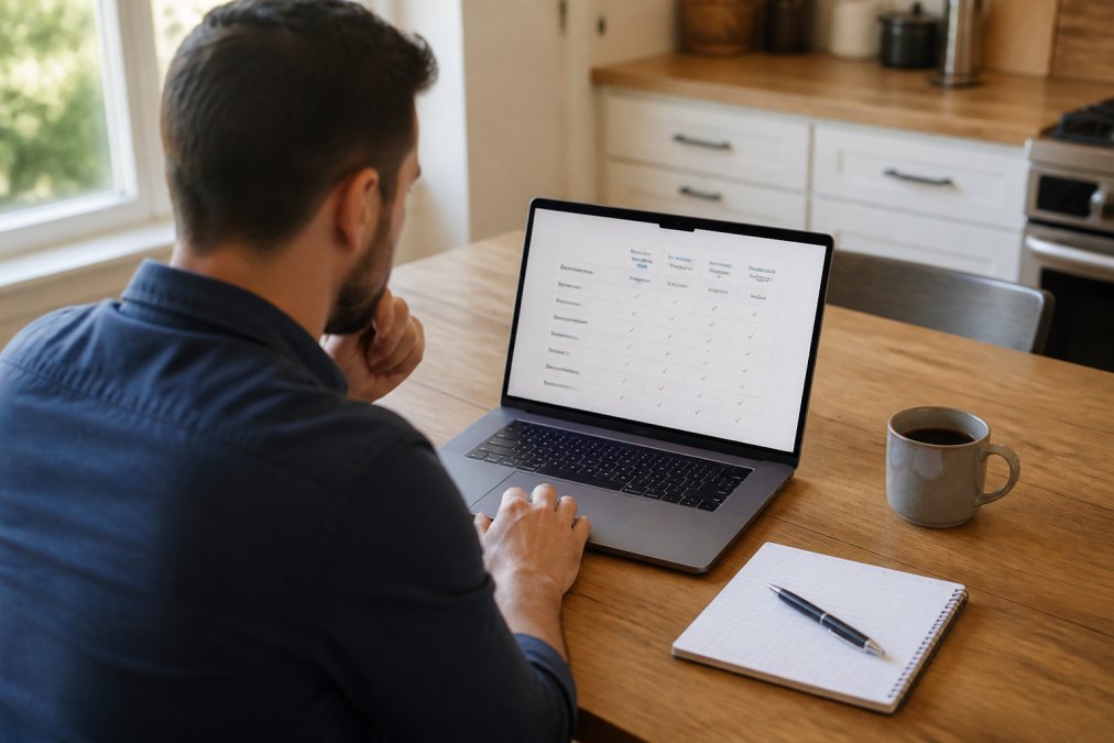Process diagram showing how to compare insurance agency quotes and services using a laptop and notes.