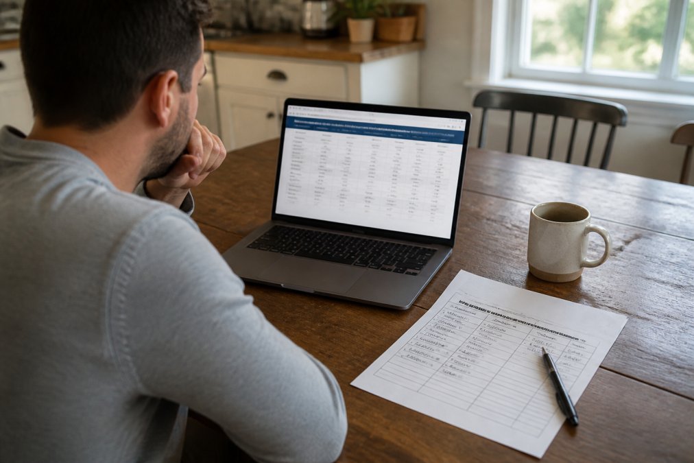 A person at a kitchen table with a laptop open to an insurance quote page, a printed worksheet with handwritten notes, a pen, and a coffee mug, natural daylight from a nearby window