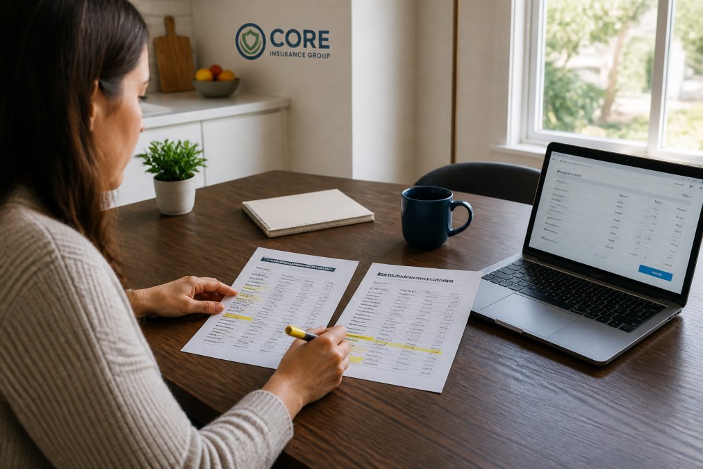 Process flow for how to compare insurance quotes using documents and a laptop at a kitchen table