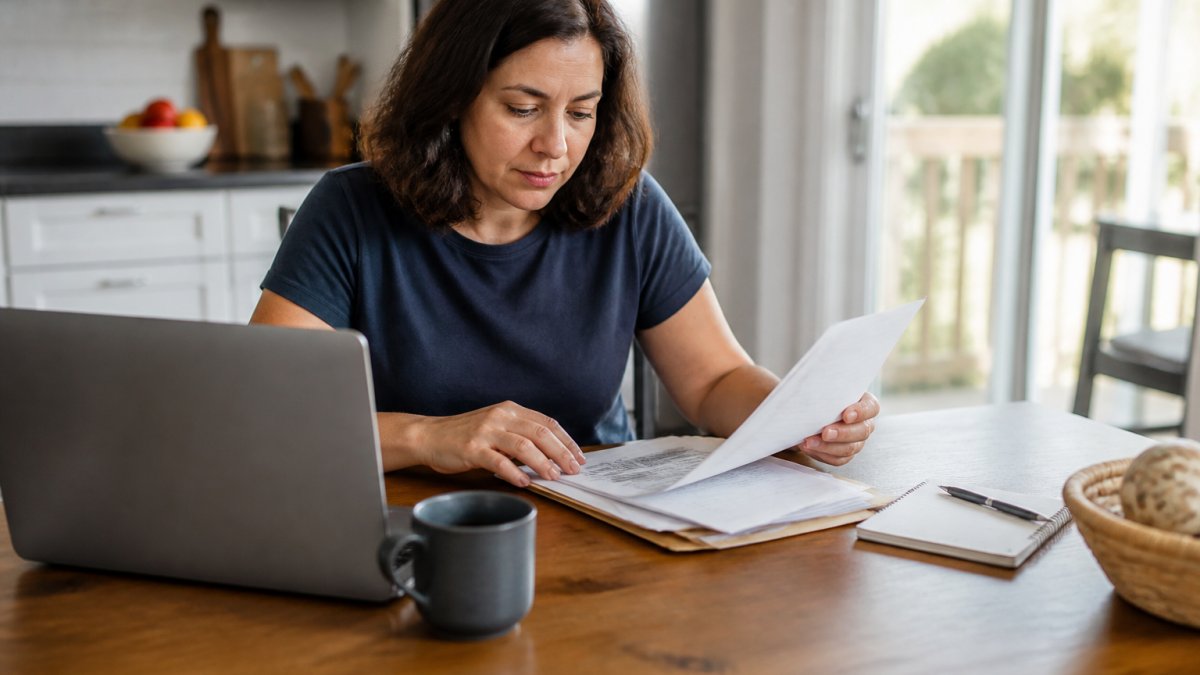 A person sitting at a kitchen table with a laptop, a folder of documents, a coffee mug, and a notepad, organizing papers to get insurance quotes