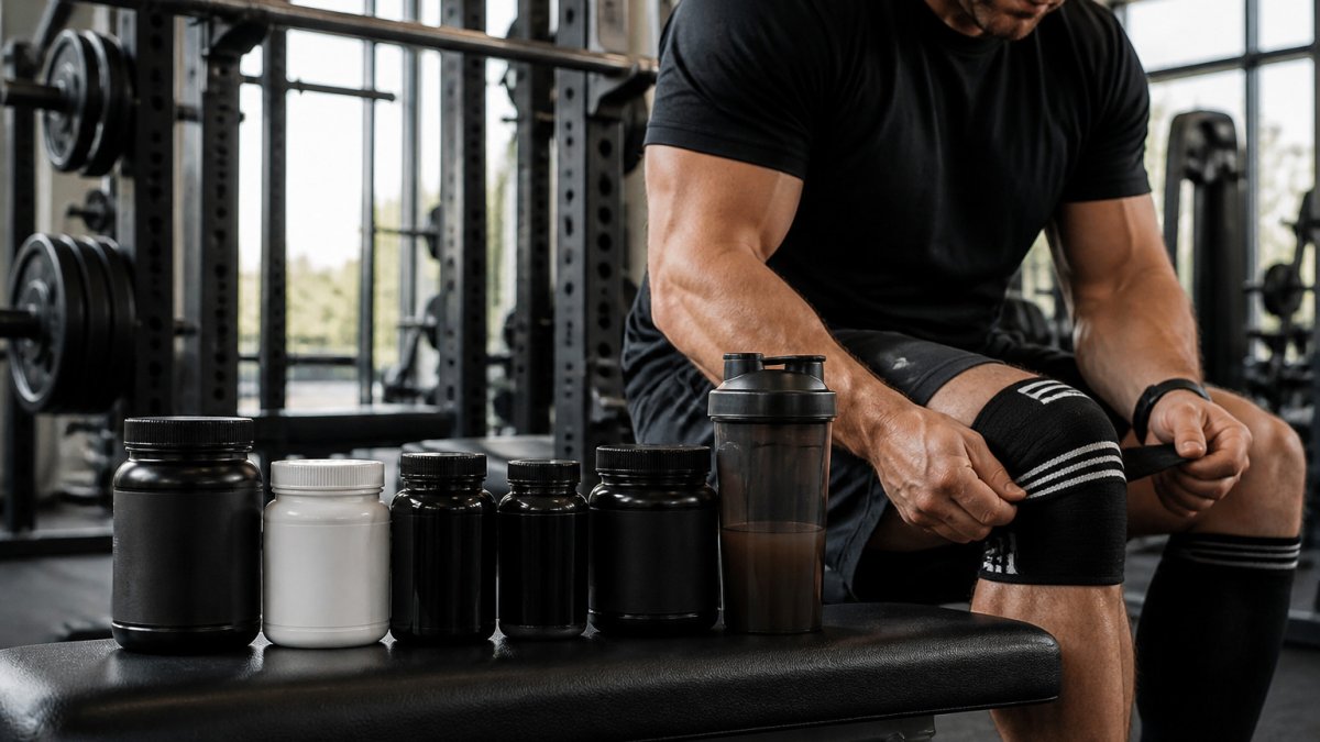 Lifter tightening knee wraps next to a shaker bottle and several joint supplement containers on a gym bench