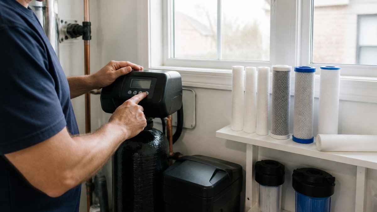 Homeowner checking a water softener display while comparing Kinetico vs Lifetime system maintenance needs