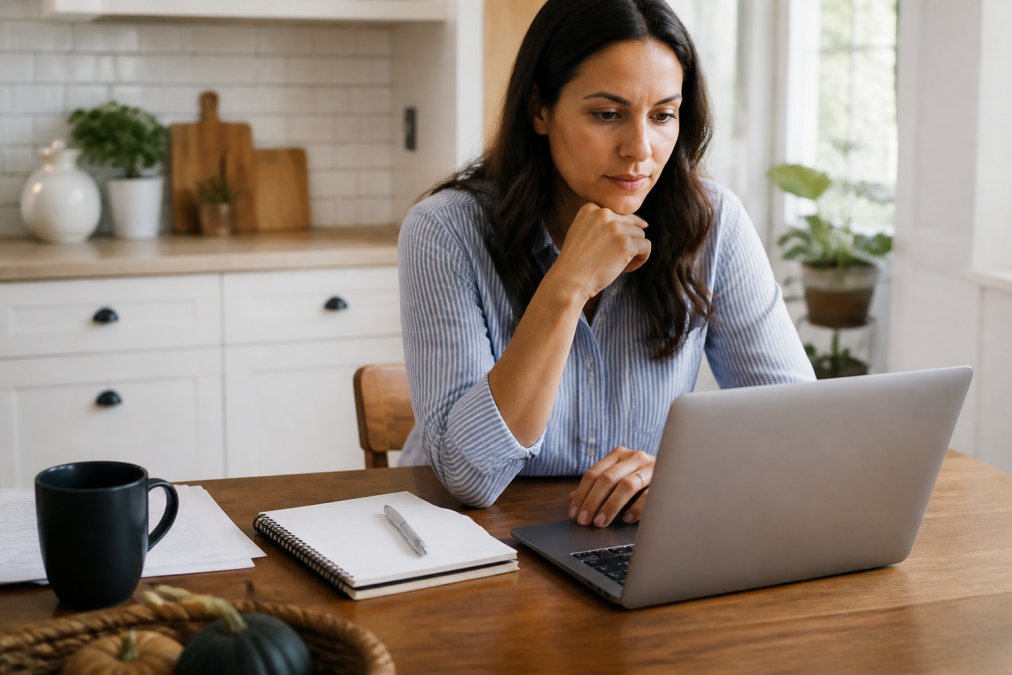 A parent reviewing life insurance quotes on a laptop at a kitchen table, with a notebook and pen nearby, warm natural light