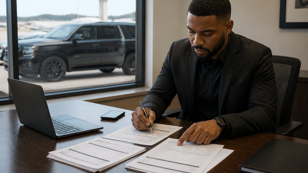 Professional reviewing documents and comparing luxury car service quotes at a desk with laptop and phone, taking notes on comparison details