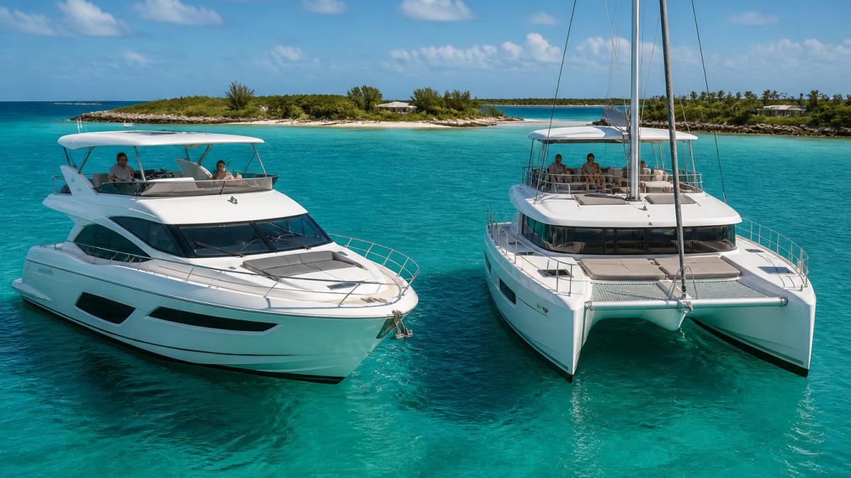 Luxury catamaran cruising through turquoise Bahamas shallows with guests relaxing on the flybridge