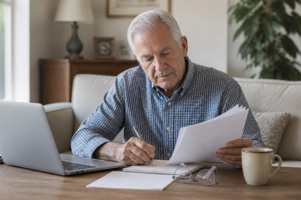 Senior sitting at home with laptop, reviewing Medicare plan documents and taking notes, with coffee and reading glasses nearby on the table