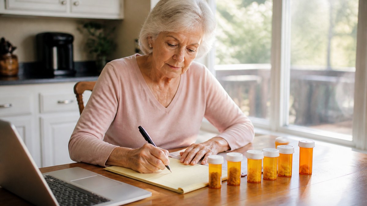 Senior woman organizing prescriptions to help compare Medicare Advantage drug formularies before enrollment.