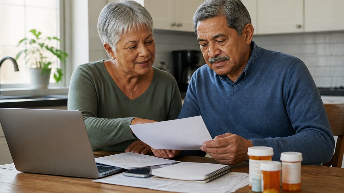 A senior couple sitting at a kitchen table with a laptop, notebook, and prescription bottles, reviewing health plan paperwork together in soft morning light