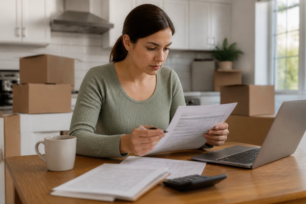 Checklist infographic for reviewing hidden fees found in detailed moving quotes at a kitchen table.