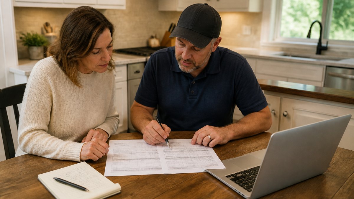 A homeowner and a contractor sitting at a kitchen table reviewing printed estimate documents side by side, with a laptop open and a notepad with handwritten notes, warm natural light coming through a window