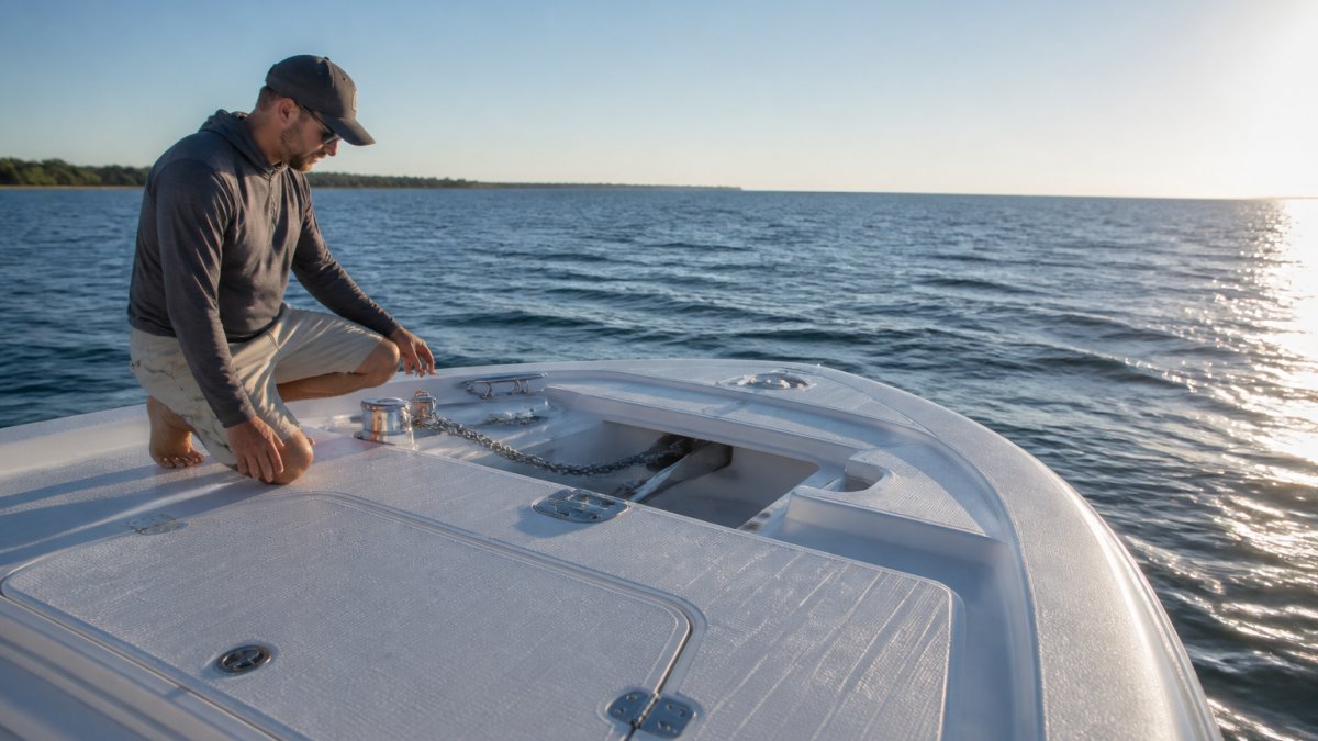 Professional captain standing on foredeck of center console boat with wide casting deck, checking anchor system and radiused lip edge in bright morning light