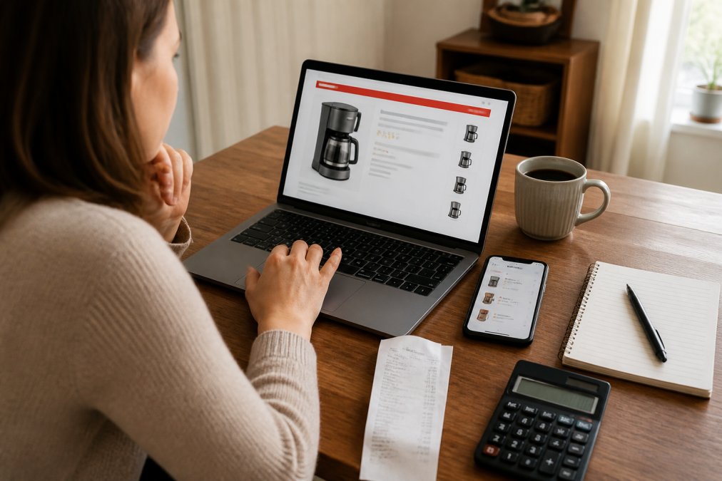 A shopper at a kitchen table with a laptop open to a product page, a smartphone showing a price comparison app next to it, and a receipt and calculator nearby