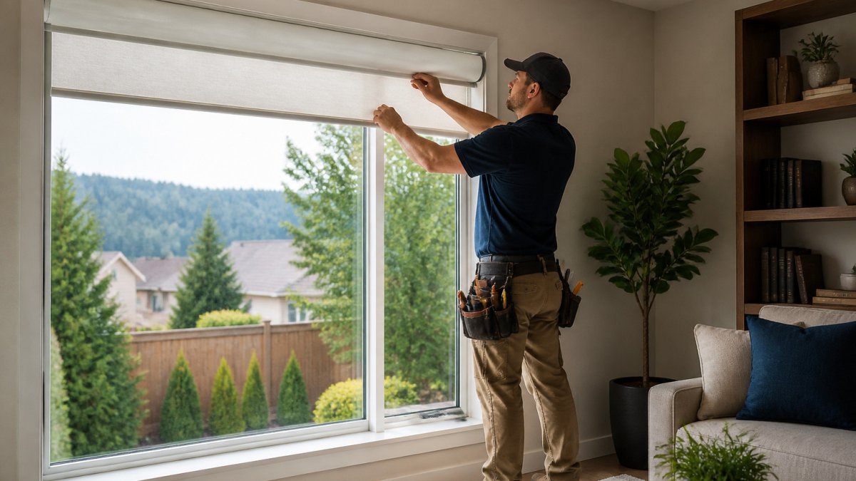 Professional installer mounting a roller shade in an Oregon home for an Oregon blinds vs blinds by design nw comparison.