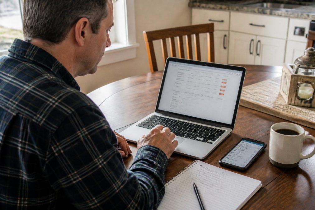 A homeowner sitting at a kitchen table with a laptop open to a propane price dashboard, a notepad with handwritten numbers beside it, and a smartphone showing a delivery scheduling app