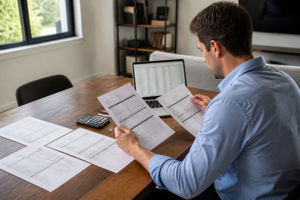 Real estate investor in business casual attire reviewing multiple printed loan estimate documents spread across a wooden desk, with a laptop open showing a spreadsheet, calculator visible, natural daylight from window