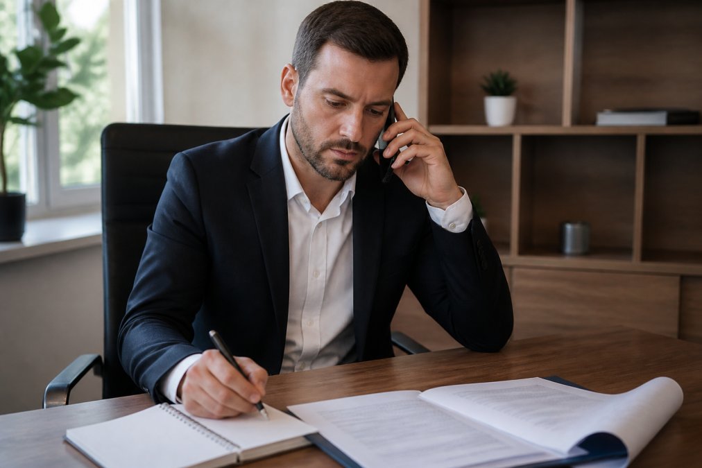 Professional in business attire during a focused phone call or video conference, notepad and pen visible, reviewing loan documents with a concentrated, confident expression