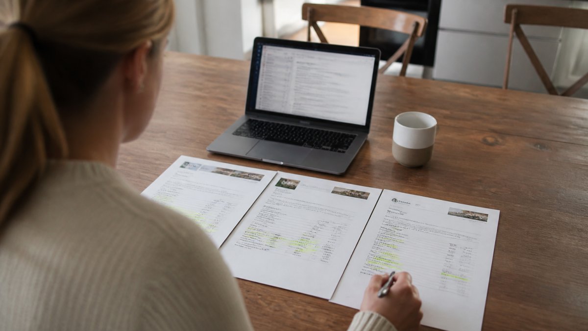 Process of comparing removalist quotes using a printed template at a kitchen table