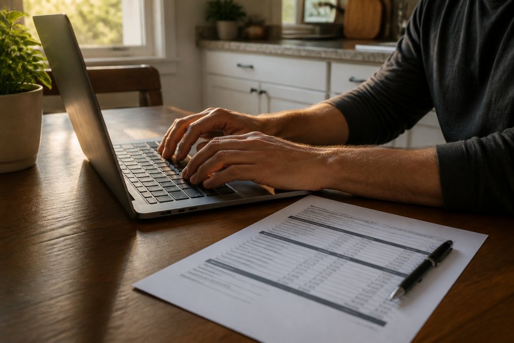 A homeowner's hands typing on a laptop at a kitchen table, with a printed contractor quote and a pen beside the keyboard, warm afternoon light through a window