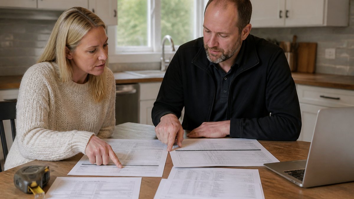 Homeowner and contractor using a worksheet to compare renovation quotes line by line at a kitchen table.