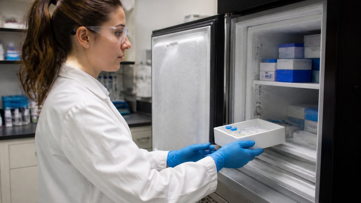 Laboratory technician storing vials from research peptide suppliers in a cold storage unit