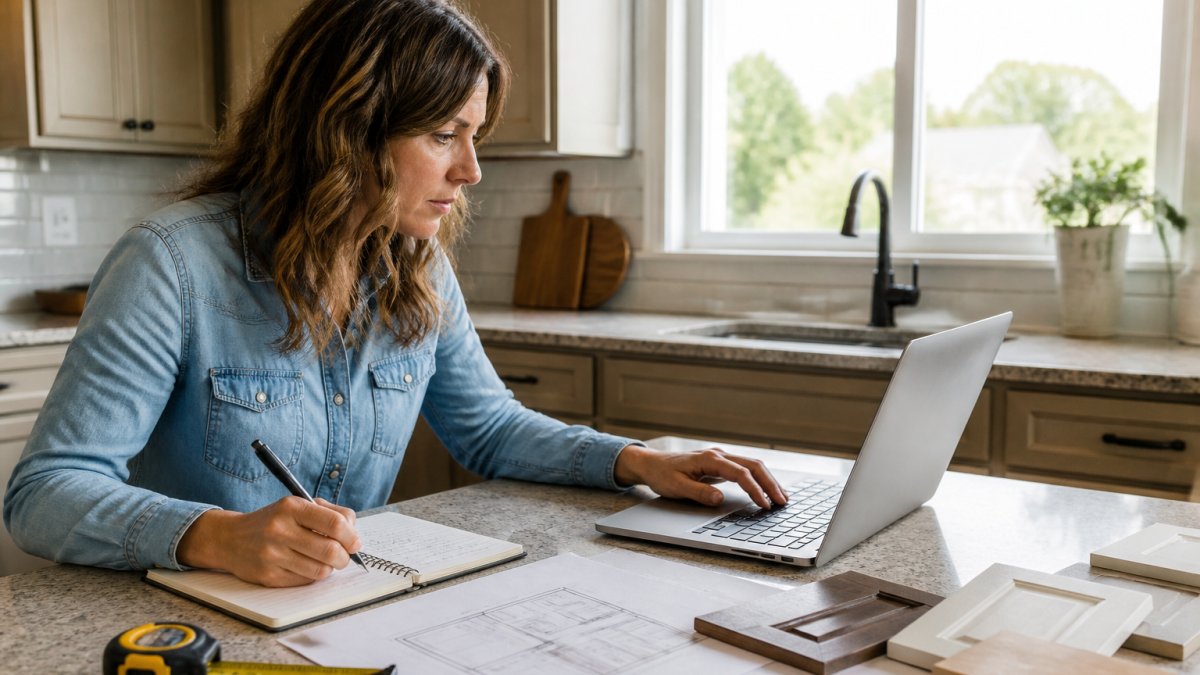 Homeowner at kitchen counter with measuring tape, notebook, and laptop displaying cabinet specifications and quotes under natural window lighting