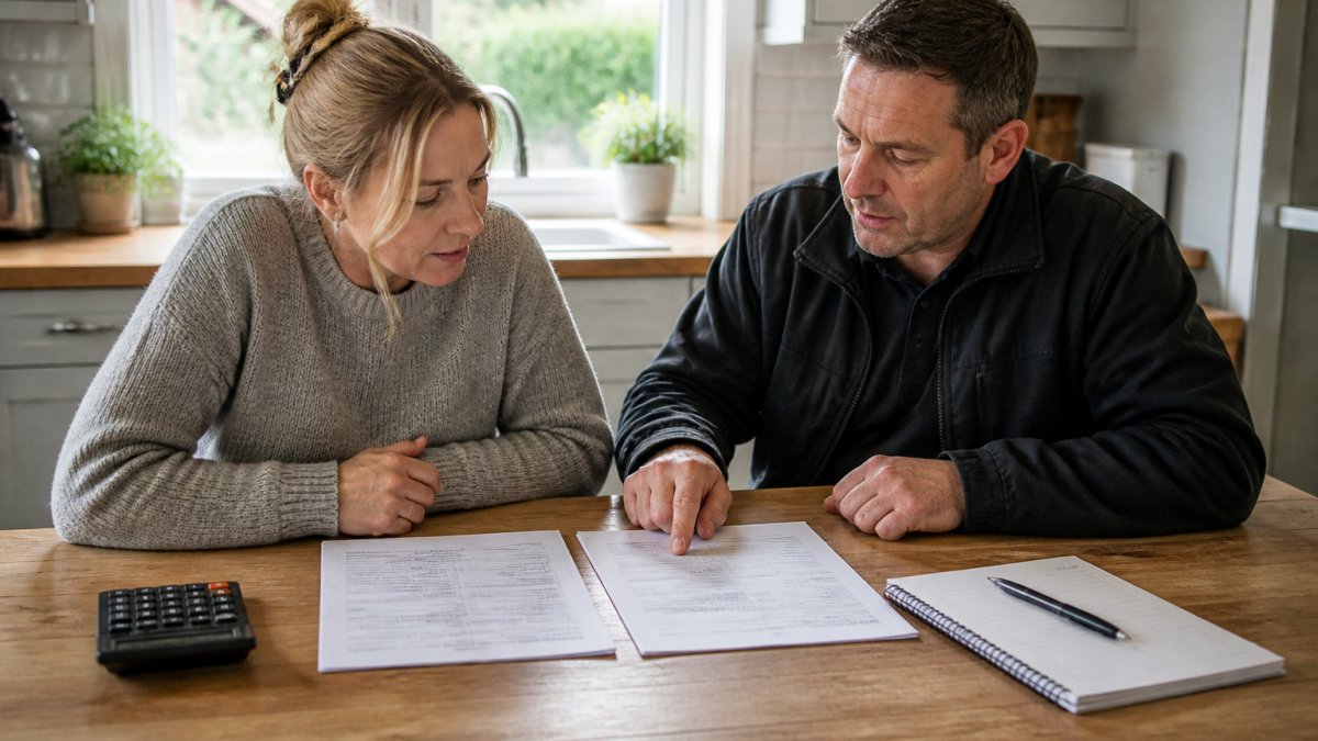 A homeowner and a scaffolder at a kitchen table reviewing two printed quotes side by side, with a calculator, pen and notebook, natural daylight from a window