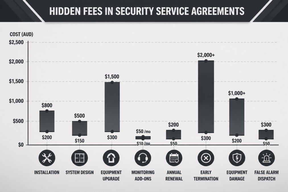 Bar chart comparing common hidden fees found in security system service agreements, from installation to termination.