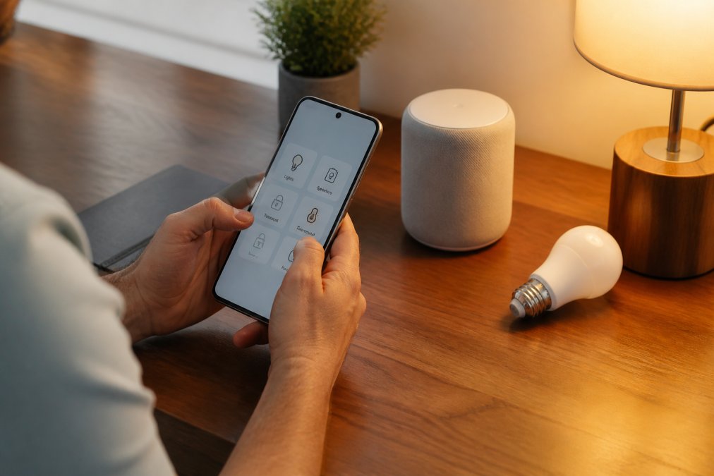 Person's hands holding a smartphone displaying a smart home app interface, with a smart speaker and smart light bulb visible on a desk in soft home lighting