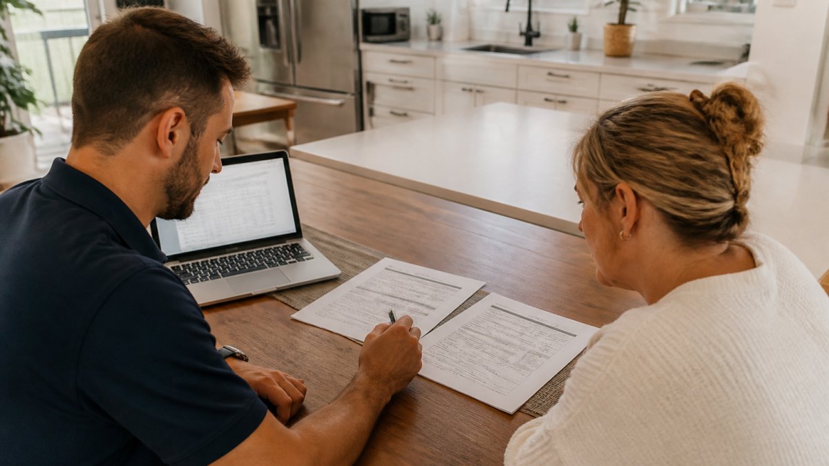 Homeowner and consultant reviewing solar lease proposals and financial spreadsheets at a kitchen table