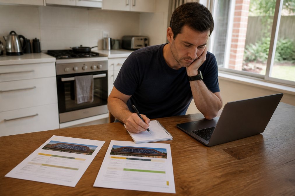 Homeowner comparing printed solar panel quotes on a laptop to organize data in a spreadsheet